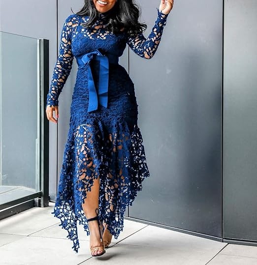 VERWIN Hollow Floor-Length Lace-Up Asymmetrical Women's Maxi Dress Sexy Lace Dress Party Evening Dress