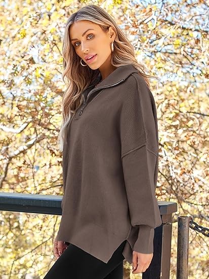 LILLUSORY Women's Oversized Sweaters 2023 Fall Zipper Collared Drop Shoulder Tunic Pullover Split Hem Knit Sweater Tops