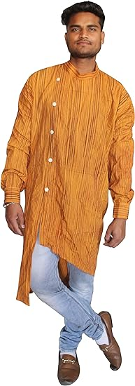 Lakkar Haveli Indian Men's Shirt Cotton Kurta Wedding Wear Trail Cut Tunic Strip Print Shirt Gold Color Plus Size