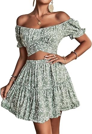 LYANER Women's 2 Piece Outfits Floral Off Shoulder Tie Up Crop Top and Mini Skirt Set