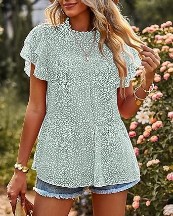 PRETTYGARDEN Women's Casual Summer Tops Ruffle Short Sleeve Mock Neck Fashion Floral Chiffon Blouse Shirts