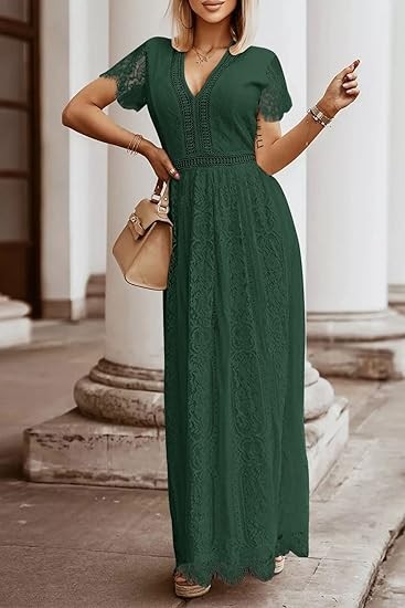 MEROKEETY Women's V Neck Short Sleeve Floral Lace Wedding Dress Bridesmaid Cocktail Party Maxi Dress