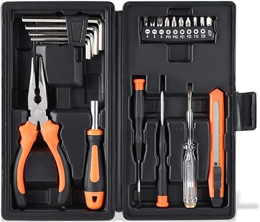 LAND 22-Piece Tool Kit General Household Tool Set Cutting Plier with Plastic Toolbox Storage Case for Home,Office,Garage and College Dorm