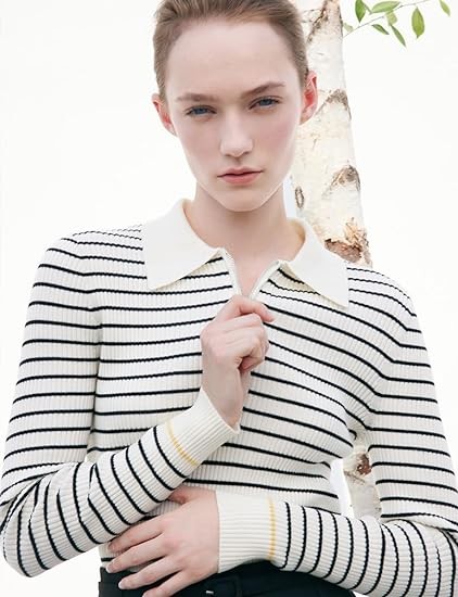 GOELIA Women's Black White Striped Pullover Sweaters, Knit Wool Polo Half Zip Sweater Shirt Tops for Women