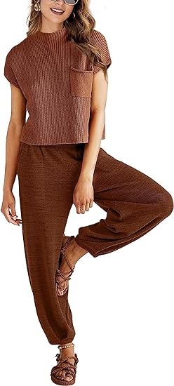 Mundoven Women‘s Sweater Sets Two Piece Outfits Knit Pullover Tops High Waisted Pants Lounge Sets Sweatsuits Tracksuit