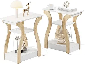 FROMJBEST End Table Set of 2 with Charging Station, Side Table with USB Ports and Outlets, Nightstand, 3 Tier End Table with Storage Shelf for Living Room, Bedroom (White Set of 2)