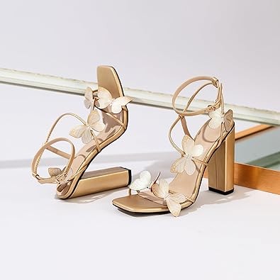 AUMOTED Womens Sandals Chunky Block High Heels Butterfly Wings Heeled Sandals Strappy Open Square Toe Summer Dress Shoes 4 Inch