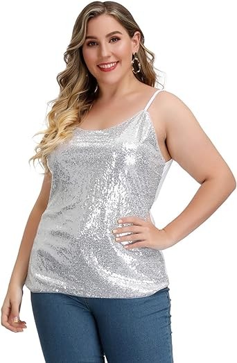 Hanna Nikole Sequin Camisole for Women Plus Size Glitter Shimmer Sparkle Sleeveless Cami Tank Party Club Cocktail Shirt