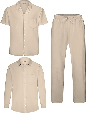 YAOGRO Men's Linen Sets Outfits: 3 Piece Beach Button Down Shirts Casual Loose Pants Short Sleeve Walking Suits