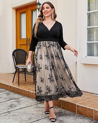 GRAPENT Women's Plus Size Sequin 3/4 Sleeves Evening Gown Party Long Maxi Dress