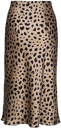 Leopard Skirt for Women Midi Length High Waist Silk Satin Elasticized Cheetah Skirts