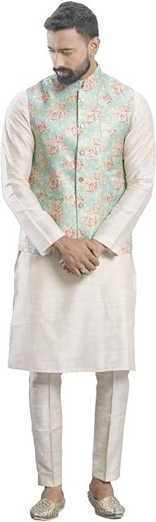 Elina fashion Men's Indian Cotton Kurta Pajama And Printed Nehru Jacket (Waistcoat) Indian Wedding Ethnic Diwali Puja Set