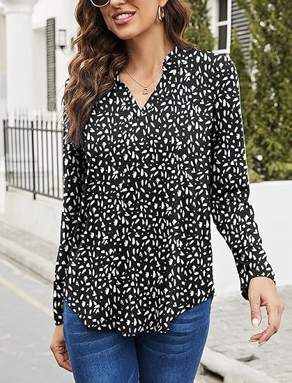 Halife Women's Roll Up 3/4 Sleeve Floral Print V Neck Tunic Blouses Tops Shirts