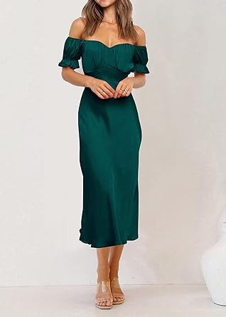 KIRUNDO 2023 Summer Women's Satin Midi Dresses Off Shoulder Wrap Ruched Wedding Guest Party Cocktail Formal Prom Dress