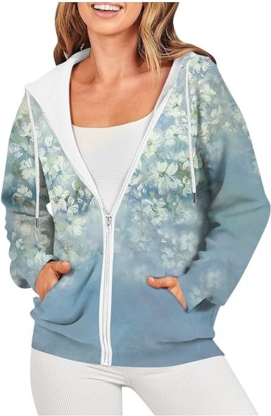 Winter Coats For Women,Women's Fashion Long Sleeve Hooded Zipper Floral Print Hoodie Coat 2023 Trendy Printed Jacket