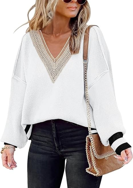 Women's 2023 Fall Sweaters Trendy Long Sleeve Lace V Neck Color Block Striped Sweater Winter Oversized Pullover Knitted Tops