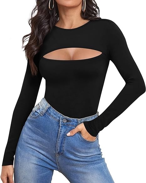 ALGALAROUND Womens Cutout Front Tops Long Sleeve Short Sleeve Fitted T-Shirts