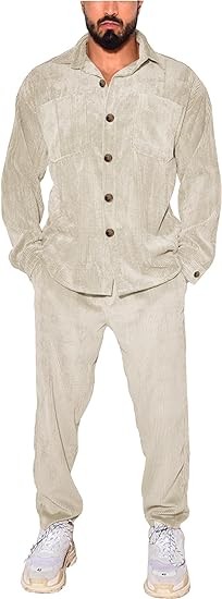ZSJR Men's 2 Piece Outfits Corduroy Casual Long Sleeve Shirt Pant Sets Fall Fashion Tracksuits