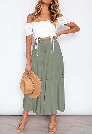 HAEOF Women's Boho Elastic High Waist A Line Ruffle Swing Beach Maxi Skirt with Pockets