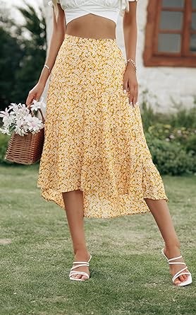 PRETTYGARDEN Women's Ditzy Floral Print Midi Skirt Boho Elastic High Waist Long Skirts for Women Trendy High Low Hem