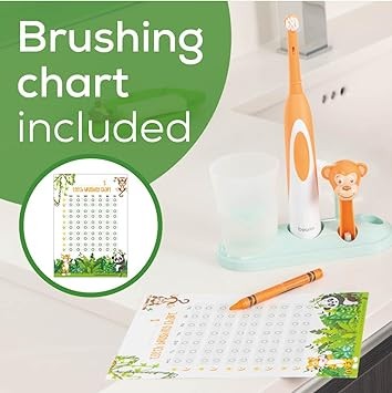 Beurer TB10 Kids Electric Toothbrush Kit - Fun Milo The Monkey Cap with 2 Extra-Soft Brush Heads to Help Remove Plaque, 2 Minute Timer, and Rinse Cup, BPA-Free, Safe for Ages 3+