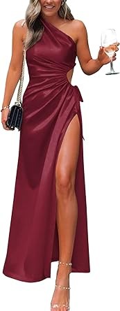 PRETTYGARDEN Women's 2023 Summer One Shoulder Satin Dress Cutout High Split Cocktail Wedding Guest Maxi Dresses