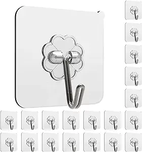 Adhesive Wall Hooks for Hanging Heavy Duty 13lbs, No Damage Picture Frames Hangers for Home and Office, Sticky Hooks for Kitchen Bathroom, Transparent Waterproof and Rustproof, 20 Pack