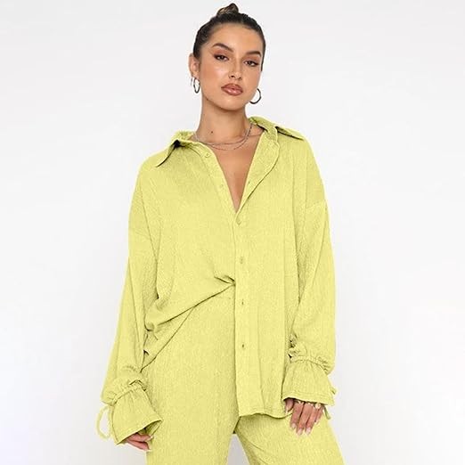 ThusFar Women's Plisse Set 2 Piece Outfits Button Down Shirt Drawstring Cuff Slit Palazzo Pant Loungewear with Pockets