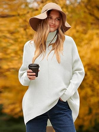 ANRABESS Womens Turtleneck Oversized Sweater 2023 Long Batwing Sleeve Asymmetric Hem Casual Knit Pullover Tunic Sweater