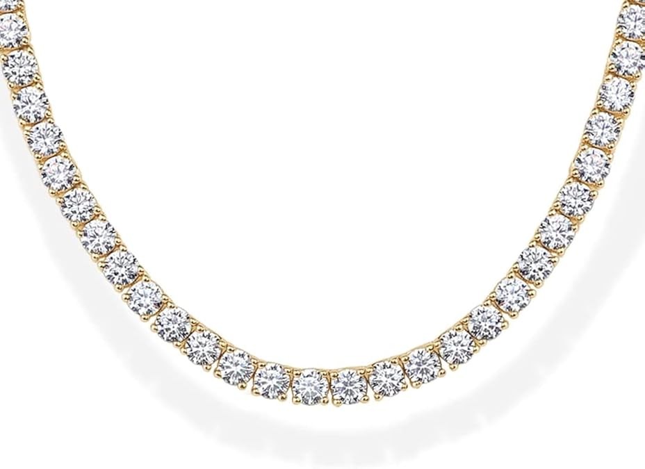 PAVOI 14K Gold Plated 3mm Simulated Diamond Tennis Necklace for Women | Tennis Chain | Chunky Long Gold Necklace for Women| Sizes 15" and 18"