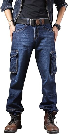 Yeokou Men's Casual Loose Hip Hop Denim Work Pants Jeans with Cargo Pockets