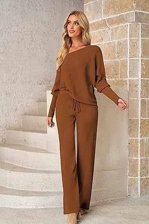 Linsery Womens 2 Piece Outfits One Shoulder Knit Sweater Pullovers Wide Leg Pants Sets Sweatsuit Tracksuit