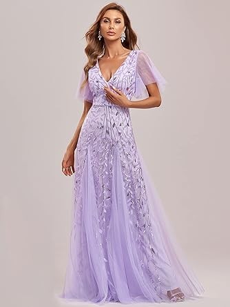 Ever-Pretty Women's Sequin Embroidery V-Neck Short Sleeve Maxi Evening Dress Prom Gowns 0734-USA