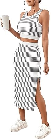 SOLY HUX Women's Summer 2 Piece Outfits Striped Crop Tank Top and Split Hem Midi Skirt Set