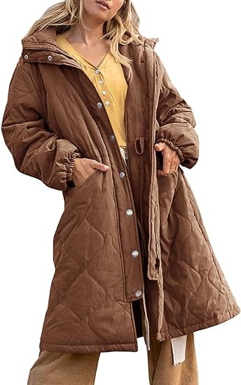 Danedvi Women's Long Quilted Jackets Padded Zipper Button Up Hooded Coats Drawstring Waist Outerwear with Pockets