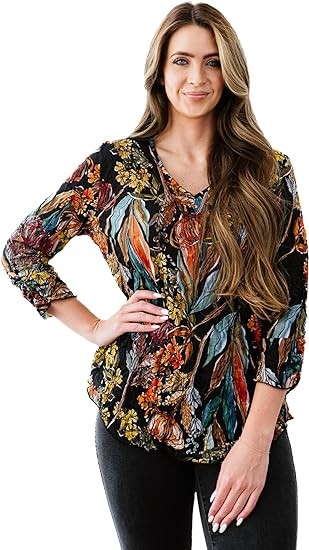SNO SKINS Printed Crinkle Mesh Blouse - Designer Hand-Finished Shirts for Women