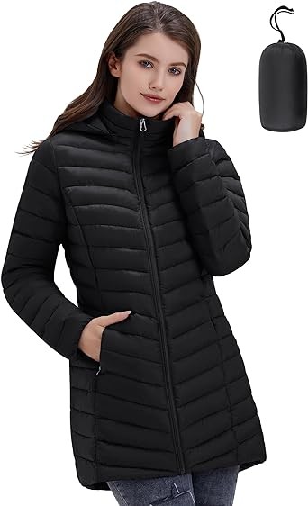 ROYAL MATRIX Women's Packable Puffer Jacket - Lightweight Winter Warm Long Quilted Puffer Coat with Detachable Hood
