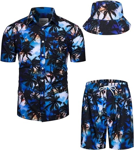 TUNEVUSE Mens Hawaiian Shirts and Shorts Set 2 Pieces Tropical Outfit Flower Print Button Down Beach Suit with Bucket Hats