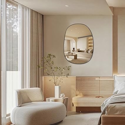 PHOSPHOR 16 x 24 Inch Irregular Asymmetrical Oval Black Mirror Decor Decorative for Room Home Bathroom Bedroom Living Room Farmhouse House Indoor Wall Decor Aesthetic Decoration