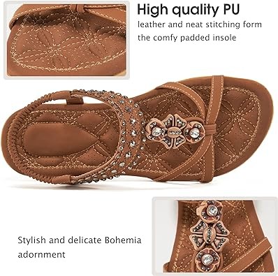 Alicegana Womens Sandals Shoes Comfort Walking with Non Slip on Casual Summer Beach Shoes Dress Ankle Elastic Jeweled Bohemian Flats