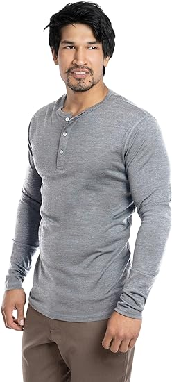 Woolly Clothing Men's Merino Wool Long Sleeve Henley - Everyday Weight - Wicking Breathable Anti-Odor