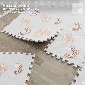 Biliboo Soft Foam Mats for Floor - Perfect Baby Play Mat and Kids Play Mat - Interlocking Foam Play Mat for Crawling and Exercise - Non-Toxic, Waterproof, and Easy to Clean - Rainbow & Sun