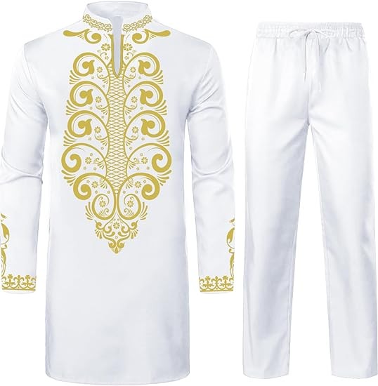 Daupanzees Mens African 2 Piece Set Long Sleeve Gold Print Dashiki and Pants Outfit Traditional Suit