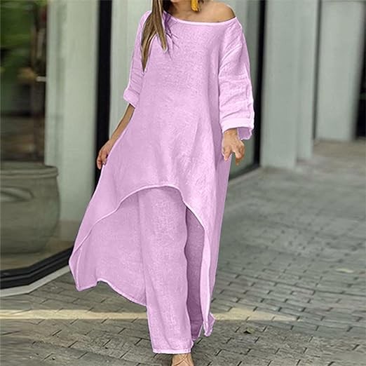 Women's Cotton Linen Two Piece Outfits 2023 Summer Loose Fit 3/4 Sleeve Top and Cropped Pants Set Casual Tracksuit