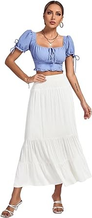 Umenlele Women's Casual Elastic High Waist A-line Tiered Ruffle Flounce Midi Long Skirt