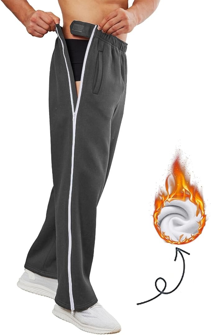 Deyeek Mens Fleece Sweatpants Tear Away Pants 2 Side Zippers Snap Off Full Open Down Sweat Leg Post Surgery Pant with Pockets