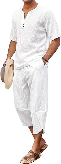 COOFANDY Men's 2 Pieces Linen Set Henley Shirt Short Sleeve and Harem Capri Pants Wide Leg Baggy Beach Yoga Trousers Outfits
