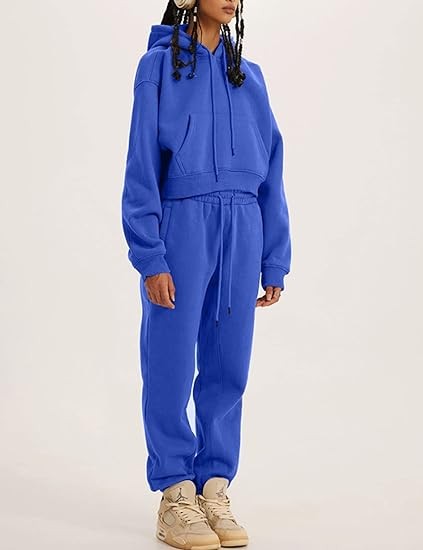 ROJZR Womens Fleece 2 Piece Outfits Lounge Sets Crop Hoodies Tops Elastic Waist Jogger Pant Sweatsuits