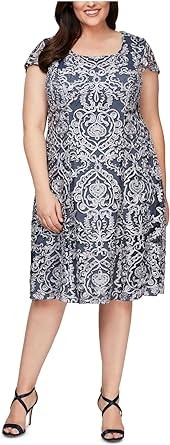 Alex Evenings Women's Plus Size Tea Length Dress with Rosette Detail