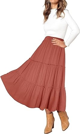 Afibi Womens High Waist A Line Ruffle Swing Long Maxi Skirt with Pockets